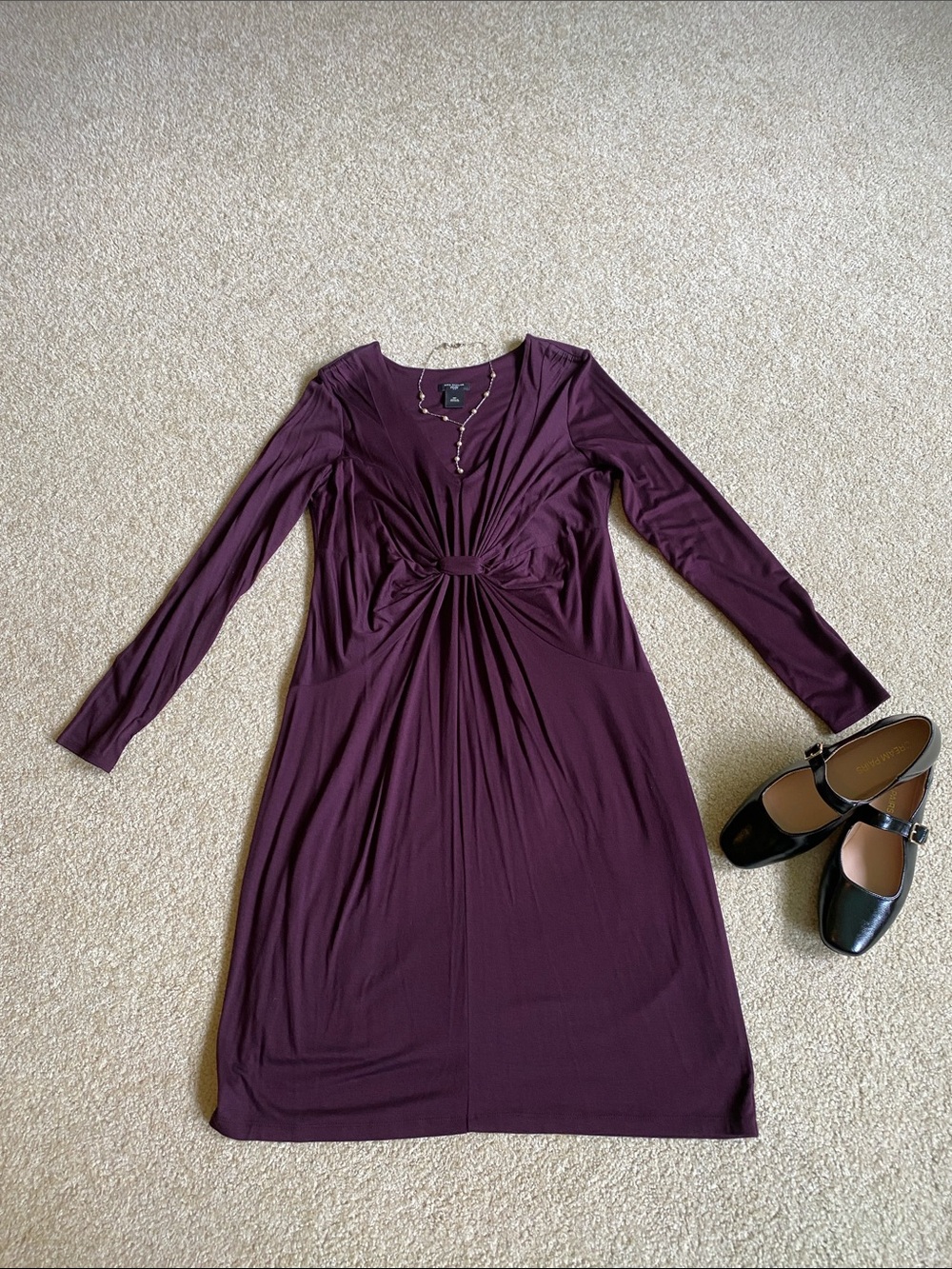 Ann Taylor Long Sleeve Knot-Front Dress in Plum